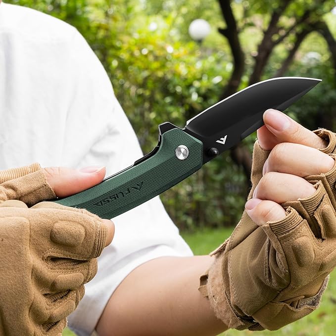 FLISSA Pocket Folding Knife, 3.2??D2 Blade G10 Handle EDC Knife with Pocket Clip Liner Lock for Hunting, Camping, Survival, Outdoor Activities(Green)