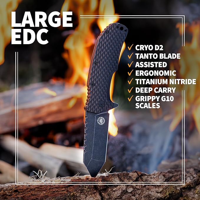Off-Grid Knives - Rapid Fire Viper, Assisted Tanto Blade, Hard Use Build, Tactical, Camping & Survival EDC, Cryo D2 Steel, Blackwash, G10 Scales, Deep Pocket Carry (Blackout)