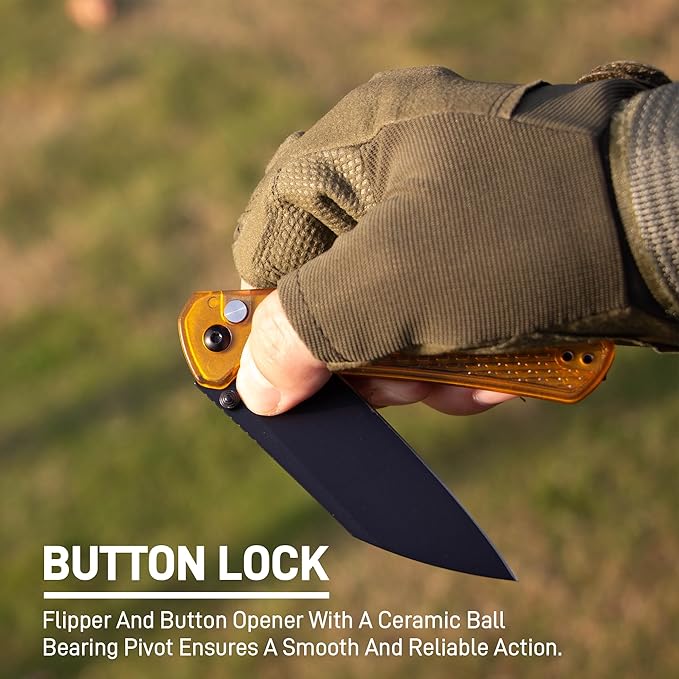 CJRB Pyrite-Light Folding Knife, 3.34'' AR-RPM9 Steel Blade Pocket Knife with Clip for Men Women, Sharp EDC Knife for Camping Survival Hiking, J1945 Amber