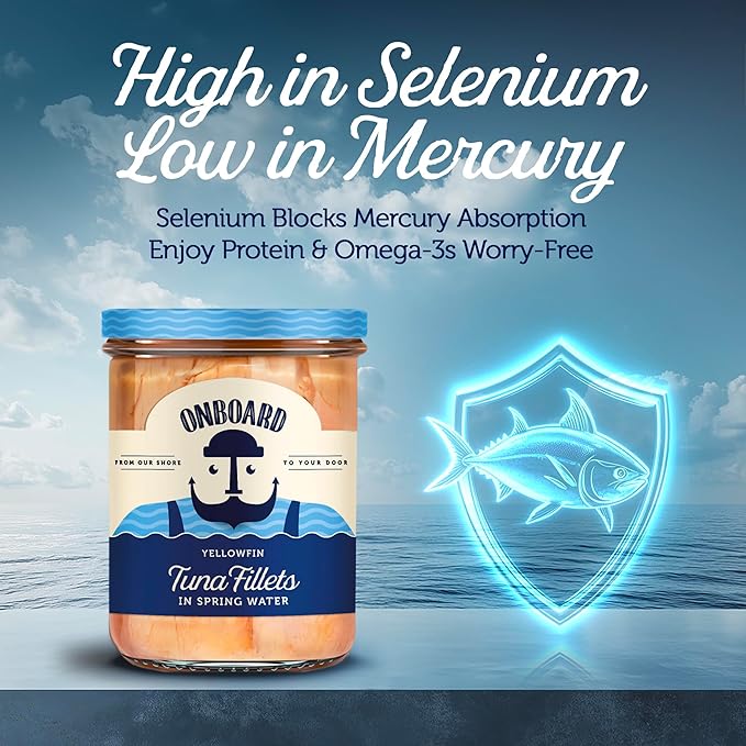 ONBOARD Yellowfin Tuna Fillets, Mediterranean Seafood Diet | Pescatarian Jarred Atun, Fresh Sea Tuna Salad | High in Protein - Healthy Ready-to-Eat Snacks, Packed in Glass Jar | (6 Packs, Spring Water)