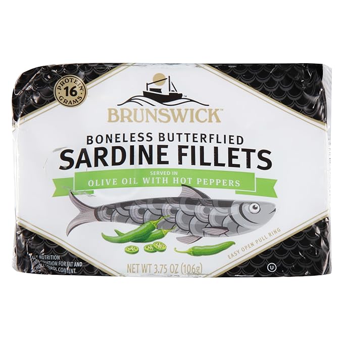 Brunswick Sardines in Olive Oil with Hot Peppers, 3.75 oz Can - Boneless Butterflied Sardine Fillets - Wild Caught - 16g Protein per Serving - Gluten Free, Keto Friendly
