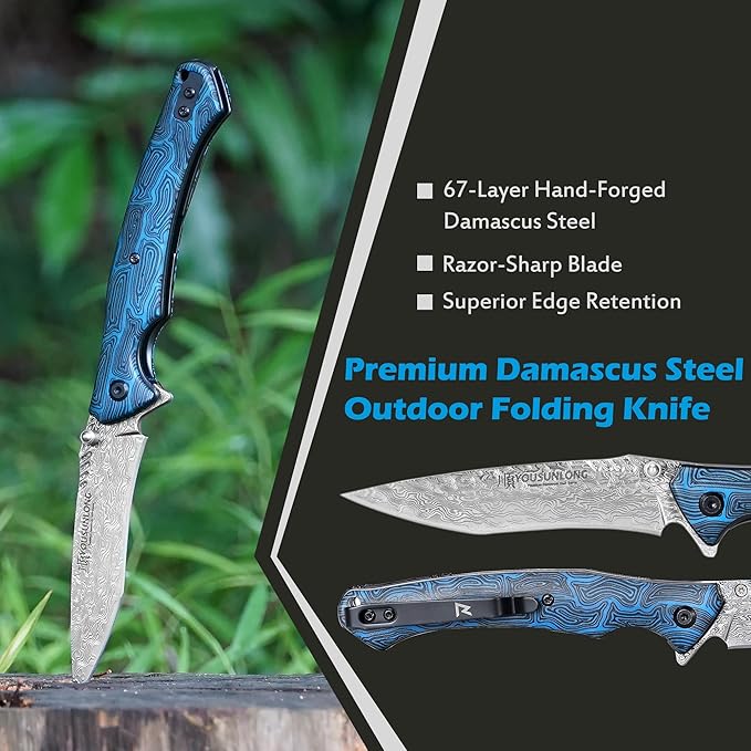YOUSUNLONG Folding Knife - Hammered Damascus Steel Blade - Blue Damascus texture G10 Cover