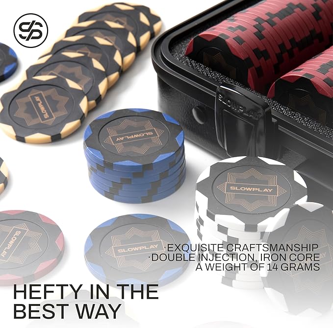 SLOWPLAY Nash 14g Clay Poker Chip Set Black Gold Edition??500PCS Core Set for Texas Hold?™em | Numbered Chips: 5, 25, 100, 500 | Premium Case with Durable German Polycarbonate Shell