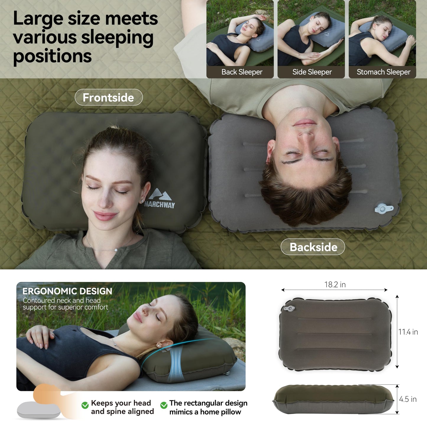 MARCHWAY Inflatable Camping Pillow with Soft Foam Top & TPU Air Bladder, Dual-Sided Support for
