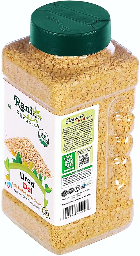 Rani Organic Urid/Urad Dal (Split Matpe Beans Skinless) Indian Lentils 32oz (2lbs) 908g PET Jar ~ All Natural | Vegan | Gluten Friendly | NON-GMO | Indian Origin | USDA Certified Organic