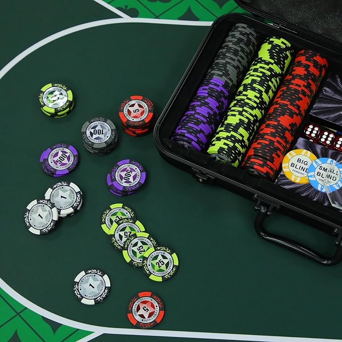 ORIENGEAR Poker Chip Set with Denominations, 300 PCS 14 Gram Clay Composite Casino Chips with ABS Case & 2 Decks of Plastic Cards, for Texas Holdem Blackjack Gambling Games