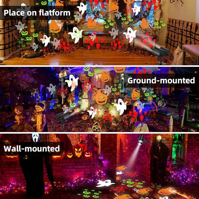 Double Head Halloween Projector Lights Outdoor with Timer,IP65 Waterproof Dynamic Halloween Ghost Skeleton Pumpkin Devil Face Lights for Home Window Wall Decor