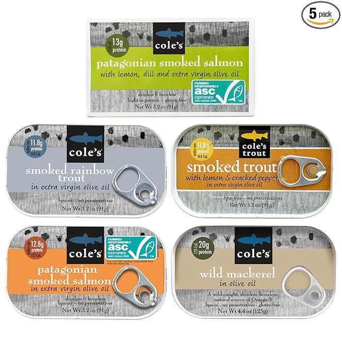 COLE'S Seafood Sampler Variety Pack - With Skinless, Boneless Smoked Salmon and Wild Caught Mackerel, and Smoked Fresh Water Rainbow Trout, Canned Fish, High in Protein, 5 Pack