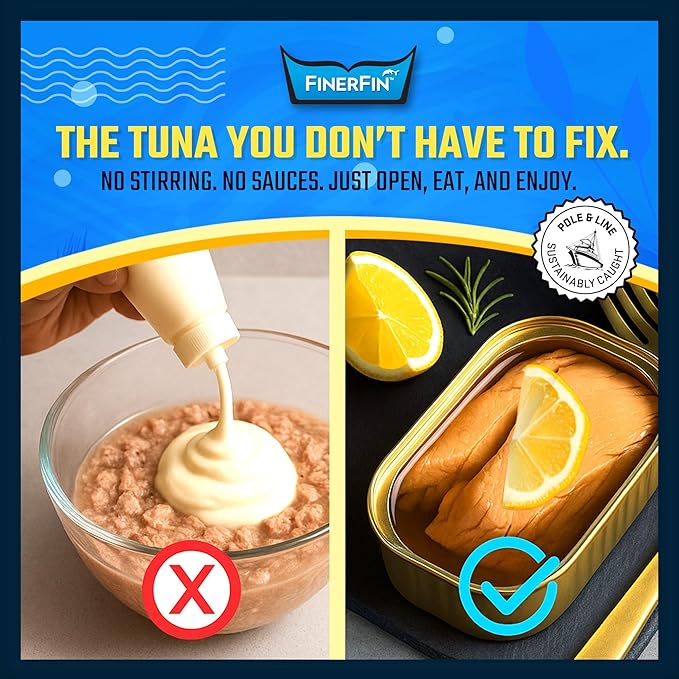 FinerFin Yellowfin Tuna Salad in Organic Olive Oil | Zesty Lemon Flavor | Premium Canned Tuna Fish with EVOO | Gourmet Ready-to-Eat Wild-Caught Fillets | 4.4oz can - 6 Pack