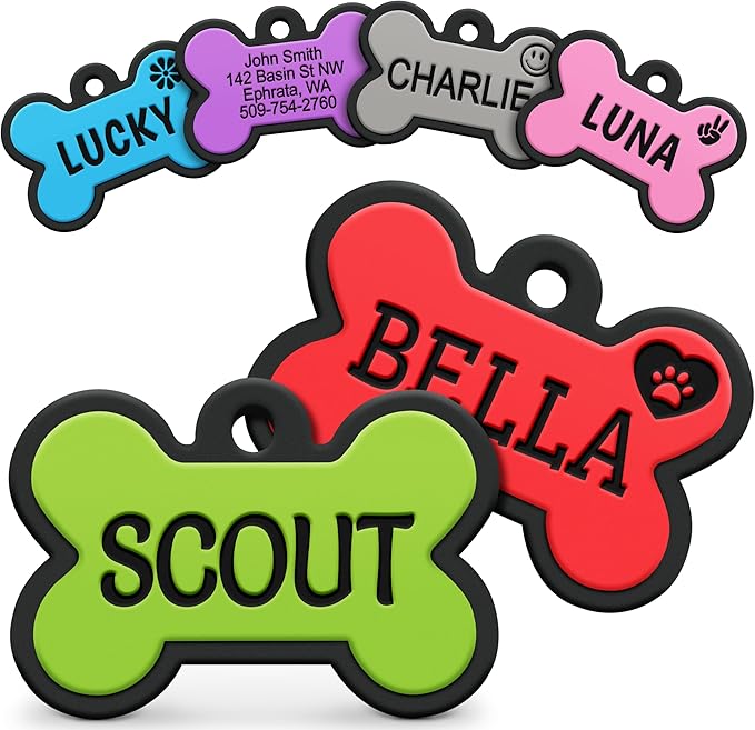 GoTags Silicone Dog Tags, Soundless Pet Tag, Personalized Silent Tag Engraved for Pets with Cute Custom Designs, for Dogs and Cats, (Bone, Green)