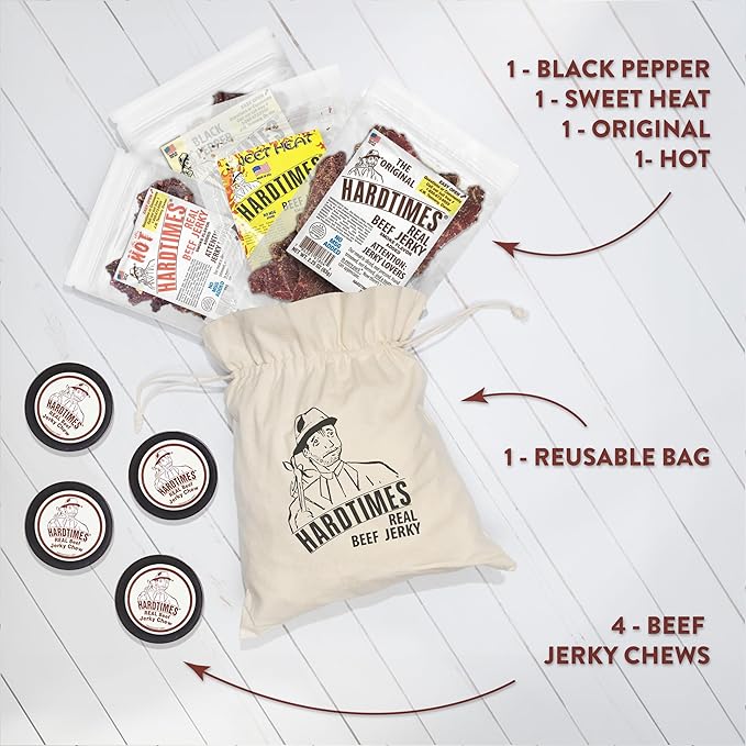 Hardtimes Beef Jerky - Variety, Specialty Gift Bag - Great Gift for Father's Day, Holiday, & Birthday - 5 Pack of 2.25 oz Bags Original, Black Pepper, Hot, Teriyaki, & Sweet Heat - 4 Jerky Chews