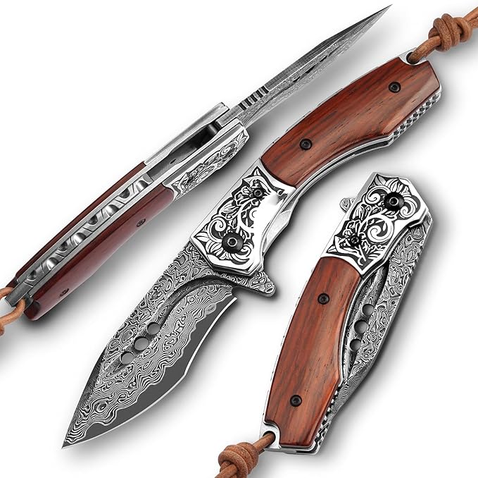 hand made damascus steel pocket knife, 3.1 inch outdoor folding knife, camping rosewood handle with leather case and inner lining