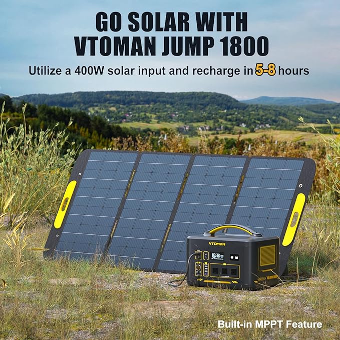 VTOMAN Jump 1800 Portable Power Station with 110W Solar Panel, 1800W/1548Wh LiFePO4 Battery Solar Generator with 1800W Constant-Power, PD 100W Type-C, Capacity Expandable for Camping, Home Backup