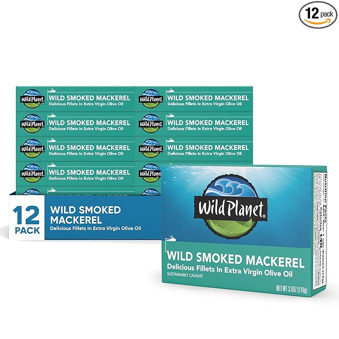 Wild Planet Wild Smoked Mackerel Fillets in Extra Virgin Olive Oil, Tinned Fish, Canned Salmon, Sustainably Wild-Caught, Non-GMO, Keto and Paleo, 3.9 oz, pack of 12