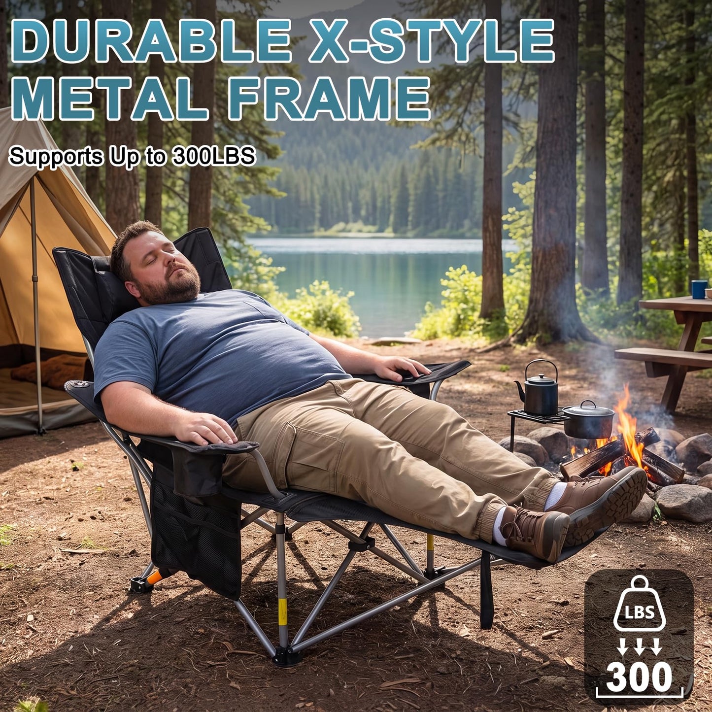 Romswi 2Pack 4-Position Reclining Camping Chair with Removable Footrest, 2-in-1 Adjustable Portable