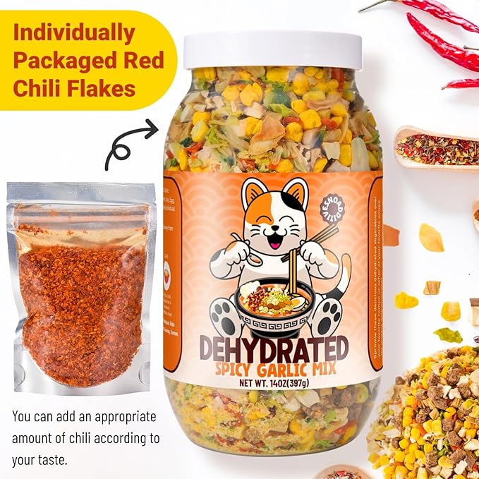Spicy Garlic Mix Ramen Seasoning - 14oz Dried Vegetables, 11 Ingredients for Instant Noodles, Garlic Slices & Red Chili Flakes, Ramen Toppings for Noodles Soup, Salad, Pizza, Cooking(397g)