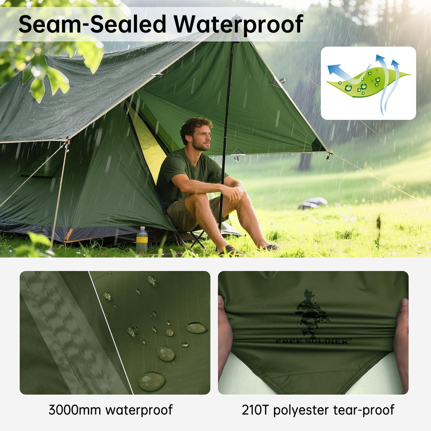 FREE SOLDIER Waterproof Camping Tarp Shelter Awning(Dark Green 10×10.5ft)