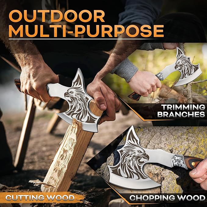 TIVOLI Camping Axe, Eagle - Patterned Survival Hatchet with Nylon Sheath, High Carbon Steel Blade Compact Outdoor Bushcraft Axe with Ergonomic Wood Grip, Camping Gear for Hiking, Chopping, Hunting