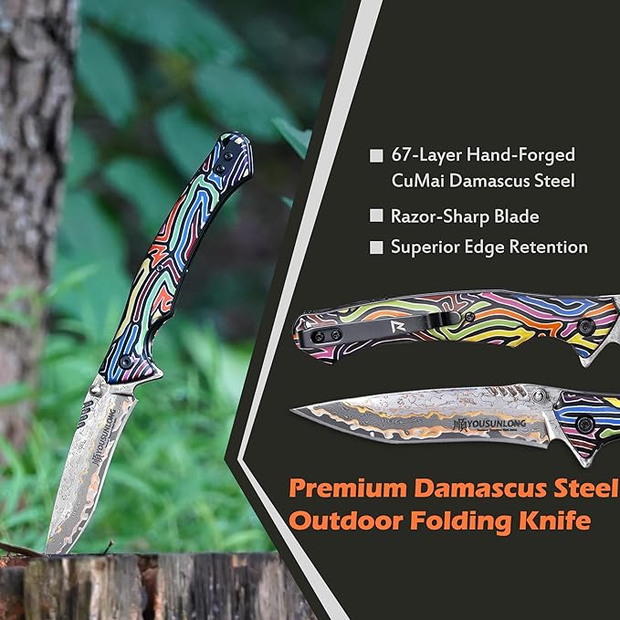 YOUSUNLONG Pocket Folding Camping Knife - CuMai Damascus Steel Blade - Multicolored G10 Handle Cover