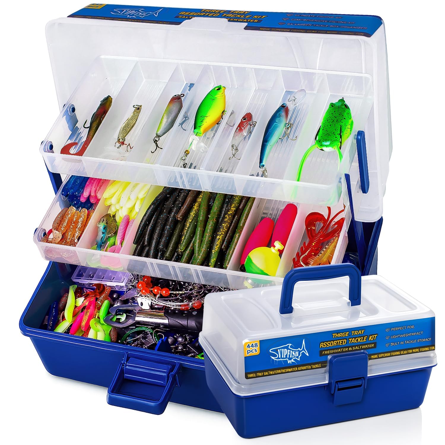 Vipfish Large 3-Layer Fishing Tackle Box Lures with Tackle Included 448 Pcs