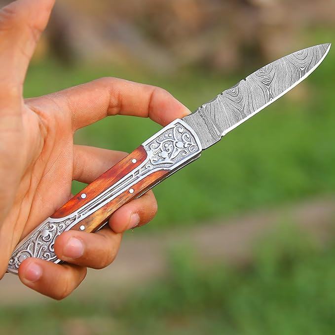 6.5 inch Damascus Pocket Knife with Sheath, Handmade Folding Pocket Knife for Men, Black-Red Wooden Handle with Brass Bolster, Secure Lock Back Camping Knife for EDC,Hunting,Hiking (Multi)