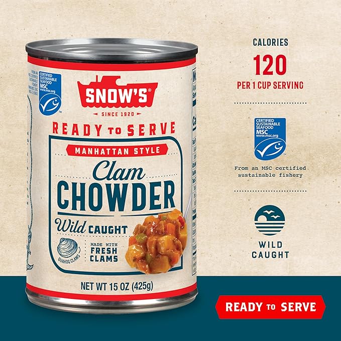 Snow's Manhattan Clam Chowder, 15 oz Can (Pack of 12) - 11g Protein per Serving - Ready-to-Serve Authentic Manhattan Style Recipe