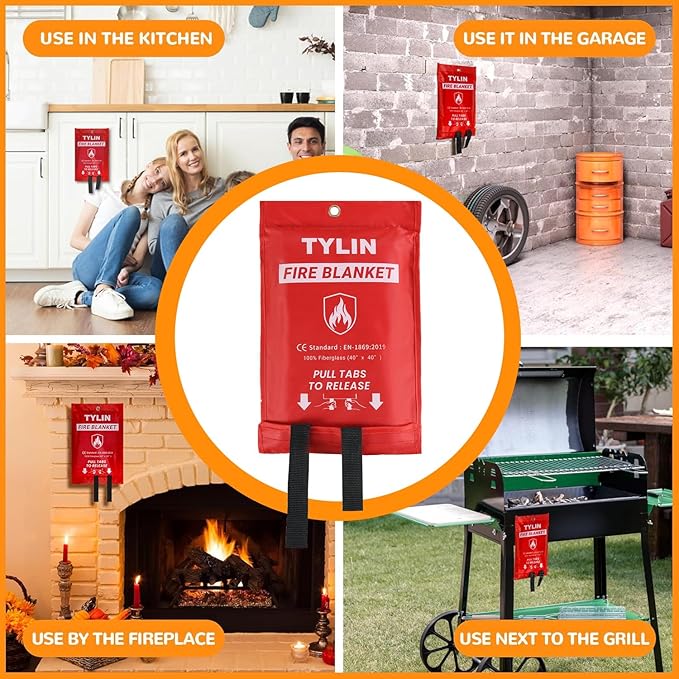 TYLIN Emergency Fire Blanket for Home & Kitchen 40??x 40??- 2 Pack, High Heat Resistant Fire Suppression Blankets for Home Safety, Kitchen, and Camping Fiberglass Welding (2)