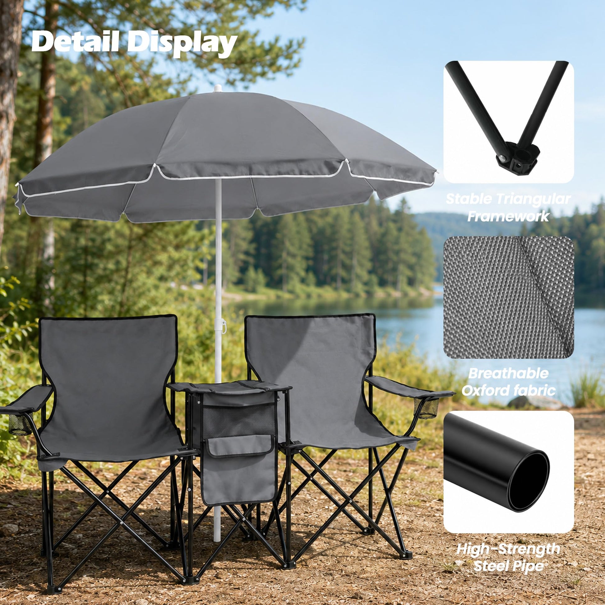 DOALBUN Folding Double Camping Chair with Umbrella Portable Picnic Chair