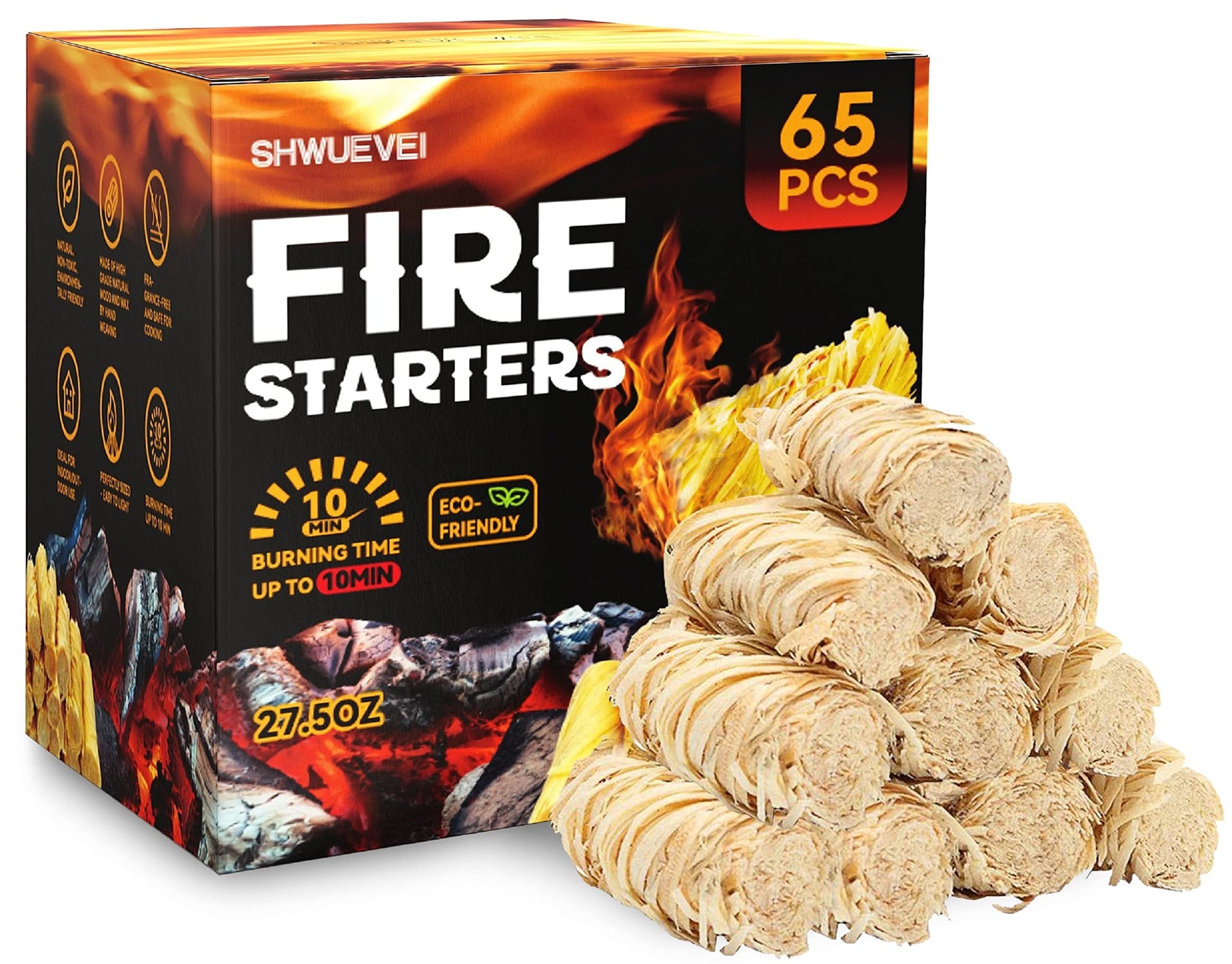 Shwuevei 65 pcs Fire Starter - Natural Fire Starters for Fireplace, Pellet Stove & Wood, Fire Pit
