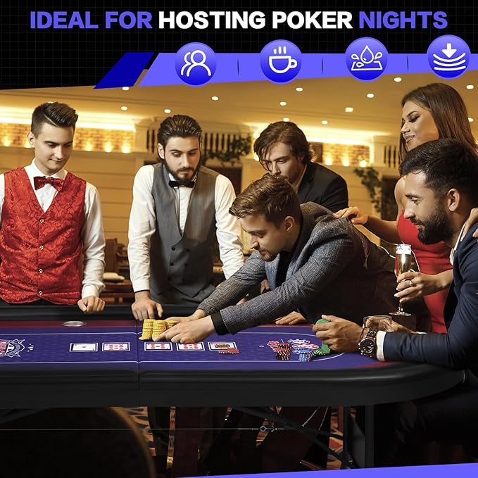 86" Foldable Poker Table, 10-Player Large Folding Texas Holdem Blackjack Table with Cup Holders, Padded Rails, Casino Game Table for Home Game Room, Family Nights, and Parties (Black)