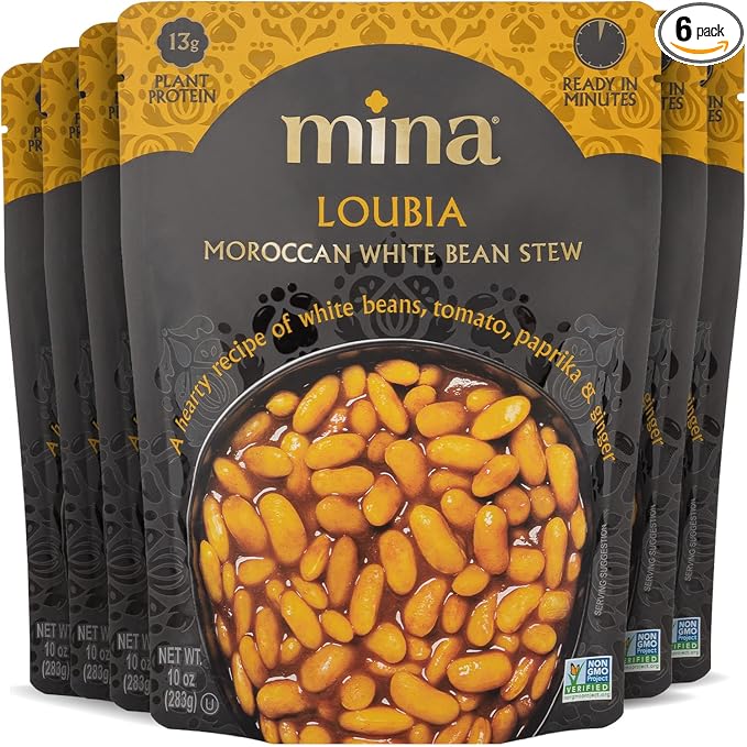 Mina Moroccan White Beans, Cannellini Beans, 10 oz (Pack of 6) Ready to Eat, Plant Protein, Vegan, Non-GMO, Gluten Free Healthy Food, Microwave Meals Ready to Eat, Packaged Meals & Side Dishes, Kosher