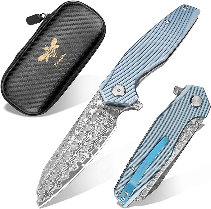 Damascus Pocket Knife 3.46" Damascus Steel Blade EDC Pocket Knives & Folding Knives for Men Women Blue Non-Slip Handle