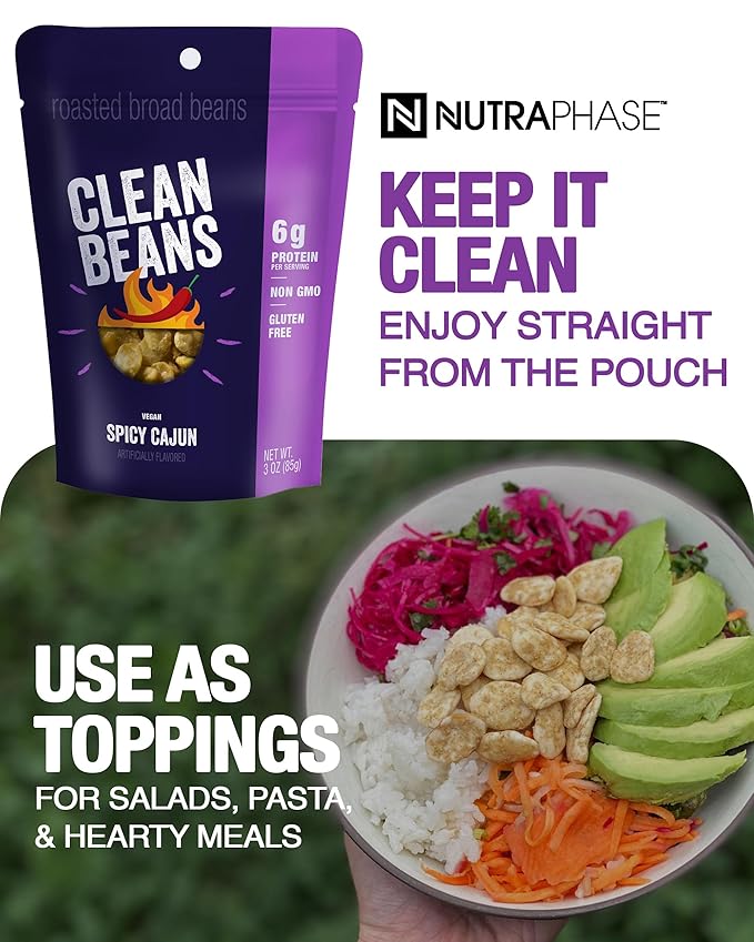 Clean Beans Broad Fava Beans Snack - Spicy Cajun Flavor, 6g Protein, Low Sugar, Non-GMO, Non-Gluten - On The Go Office Snack - Nutraphase, 85g x 6-Count
