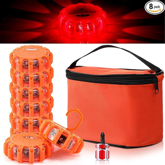 Tallew 8 Pack LED Road Emergency Roadside Lights Flashing Safety Warning Kit Beacon Magnet Hook Vehicle Boat Truck Disc Magnetic Flash Cars Security Driveway Automotive Strobe