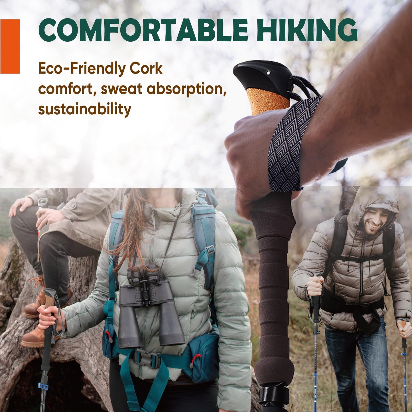 TREKOLOGY Trek-Z Cork Grip Trekking Poles – Lightweight Folding Hiking Poles, Adjustable Height