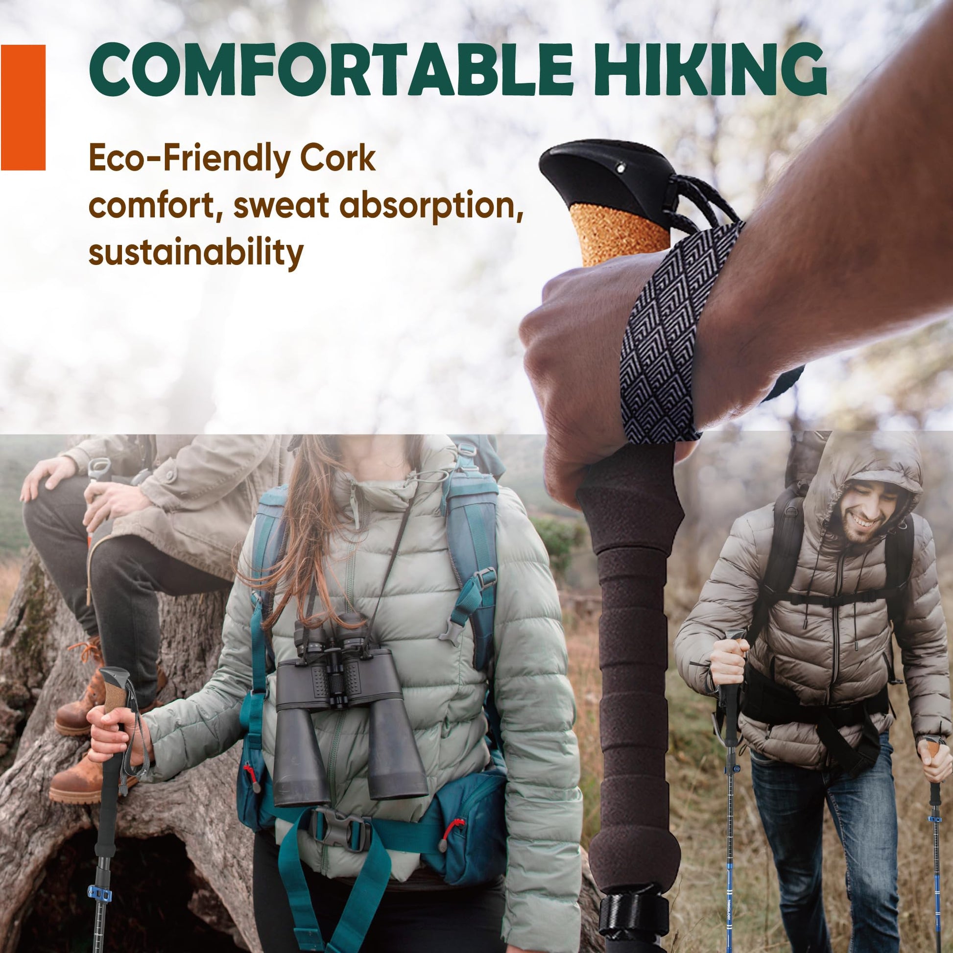 TREKOLOGY Trek-Z Cork Grip Trekking Poles – Lightweight Folding Hiking Poles, Adjustable Height