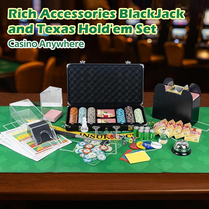 5 in 1 Super Pro Casino Game Set: Blackjack/Texas Hold'em/Roulette/Craps/Poker Kit, 10" Wooden Roulette Wheel, Carrying Case with 300 Clay Chips, 6 Deck Shuffler, 2 Double-Sided Rubber Mat And More