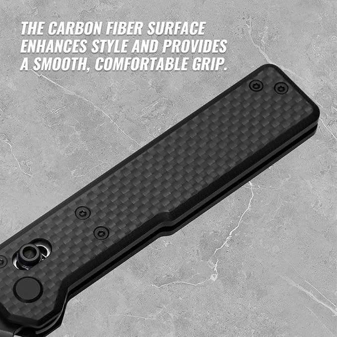 Tarcus Folding Pocket Knife, 3.5" D2 Steel DLC Blade Carbon Fiber Overlay Handle, Lightweight EDC Knife with Crossbar Lock for Men and Women, Ideal for Camping, Hiking, and Survival