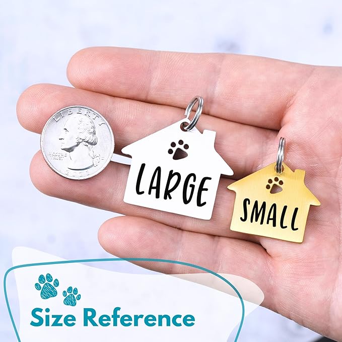 Ultra Joys Dog Tags Personalized for Pets - Hollow Paw Custom Pet ID Tag - Engraved Dog Tag for Small, Large Dogs - Small House in Silver