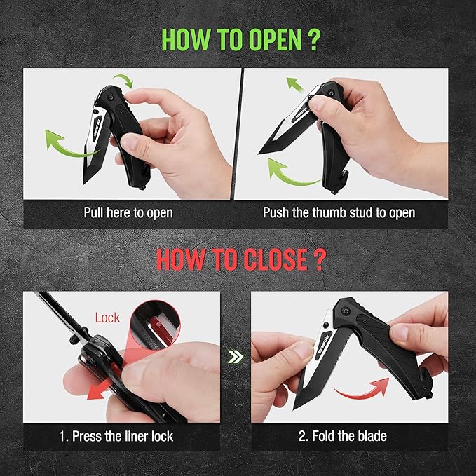 MOSSY OAK Folding Pocket Knife with Aluminium Alloy & G10 Handle, 4.75" Tactical Knife with Tungsten Steel Glass Breaker, Seatbelt Cutter, Belt Clip, Survival Knife for Emergency, Outdoor, Camping