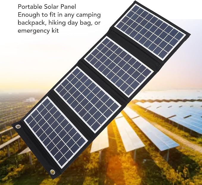 Portable Solar Panel, 30W 5V Foldable Solar Panel Charger with Dual USB Outputs, 4 Fold Water Proof Solar Panel with 2 Hooks, for Outdoor Camping Trip
