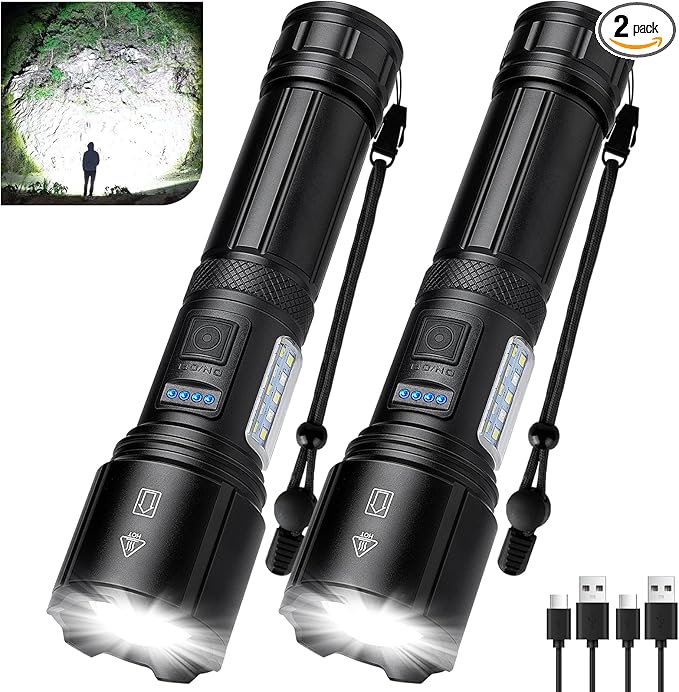 Flashlight Rechargeable LED High Lumens 2, 99,000lm Pack Bright Flash Lights with 7 Modes, Powerful Waterproof Handheld Linterna for Home, Camping, Outdoor