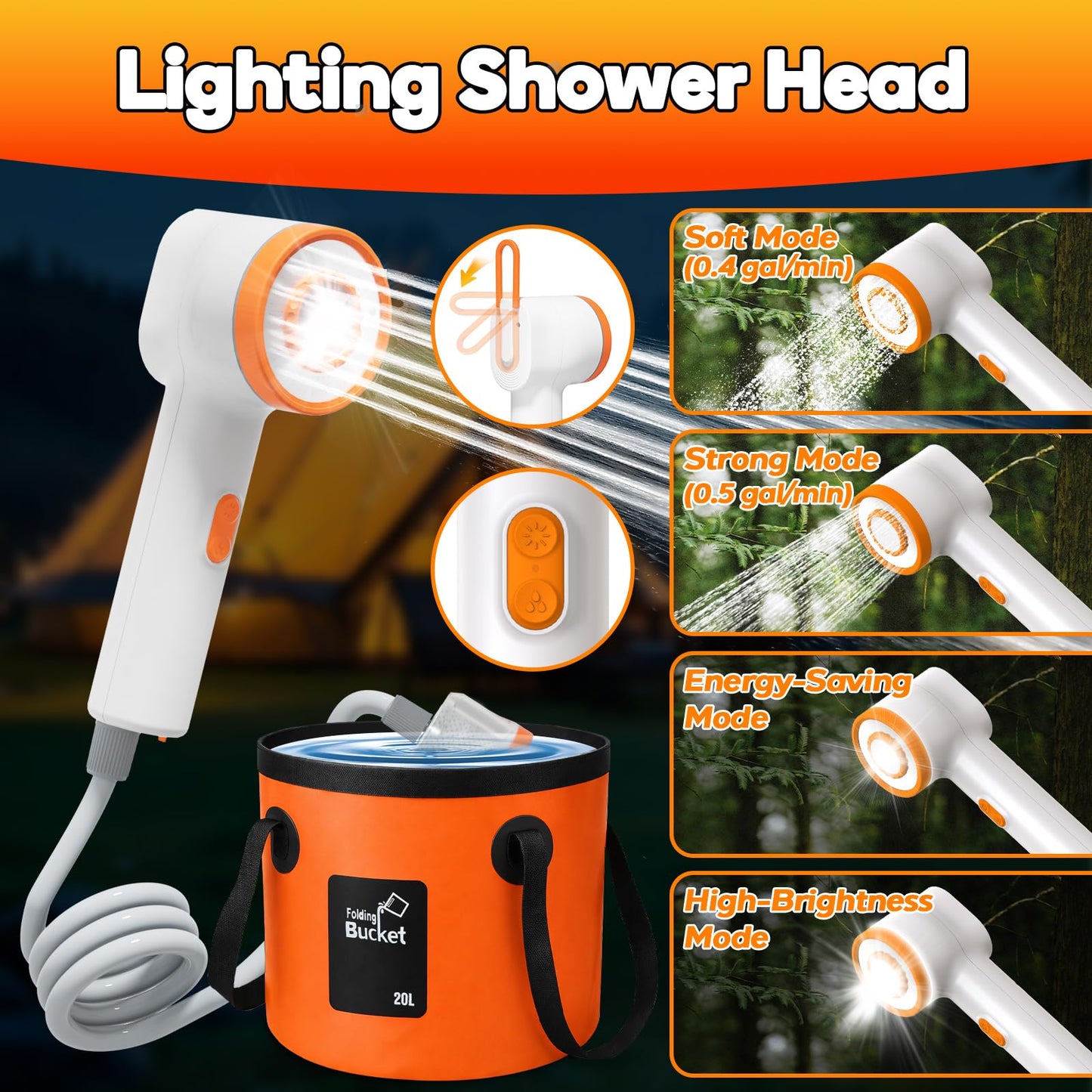 Portable Shower for Camping, Rechargeable Shower Head with LED Light, Camp Shower Pump with Filter