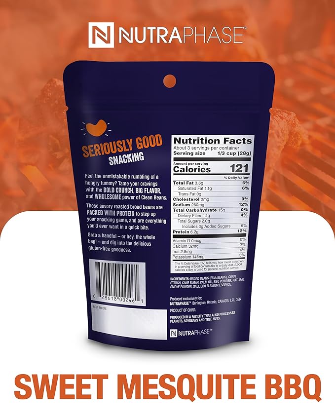 Clean Beans Broad Fava Beans Snack - Sweet Mesquite BBQ Flavor, 6g Protein, Low Sugar, Non-GMO, Non-Gluten - On The Go Office Snack - Nutraphase, 85g x 6-Count