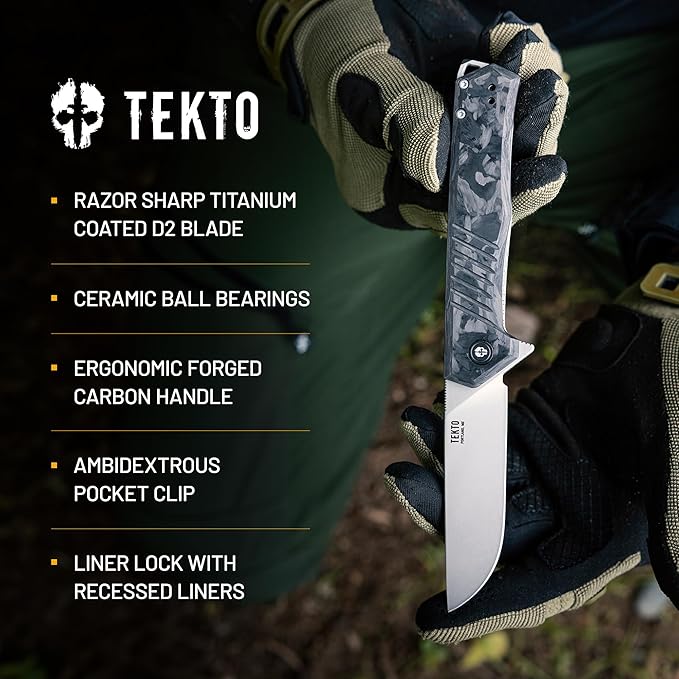 KNIVES F1 Alpha Folding Pocket Knife - Modified Straight Back Blade, Titanium Coated D2 Steel, Ideal for Camping & Backpacking, Tactical Forged Carbon Fiber Handle, Silver Titanium Accents