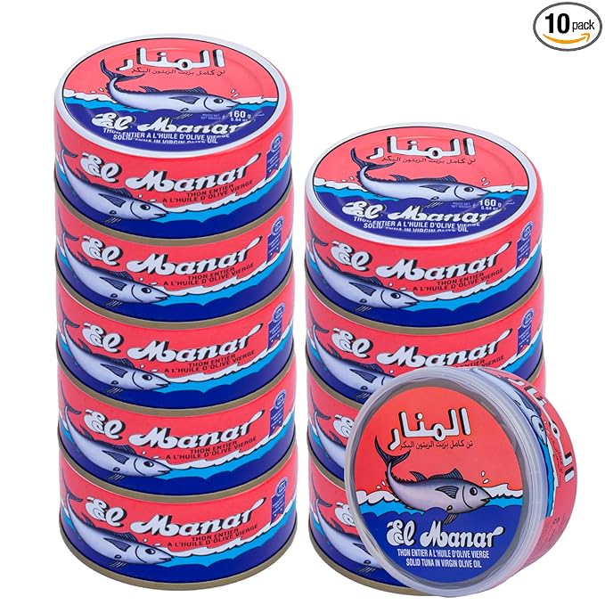 Solid Tuna in Virgin Olive Oil - Canned Tuna Fish in Cold Pressed Tunisian Olive Oil from El Manar - 10-Pack of 160g Cans