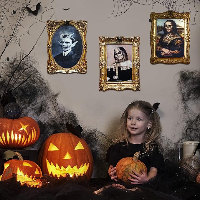 ECGER Halloween Decorations Indoor, Haunted Scary Decor - 3D Changing Face Pictures, Vintage Moving Wall Portraits Frame, For Horror Spooky Party Mansion Castle House Home Decoration(4 Pieces)