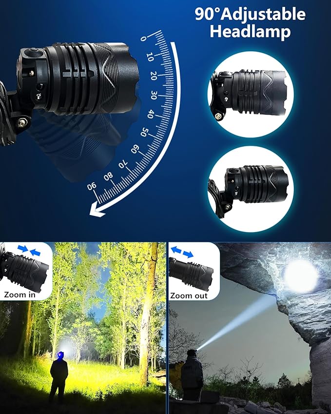 Rechargeable Headlamp, 100,000LM Bright HeadLamp, 40H Runtime Weatherproof LED Headlight, 90° Adjustable Zoom Headlights for Forehead, Hiking Camping Headlamps for Adults