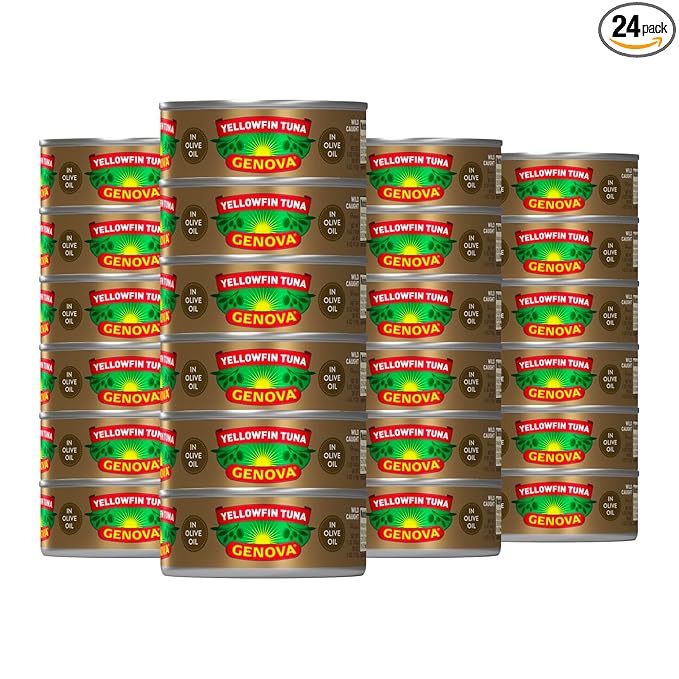 Genova Premium Yellowfin Tuna in Olive Oil, 5 Ounce Cans, 24-Pack ??Nutrient Rich, High Protein Canned Tuna Fish - Delicious, Easy, Nutritious Ready to Eat Meals