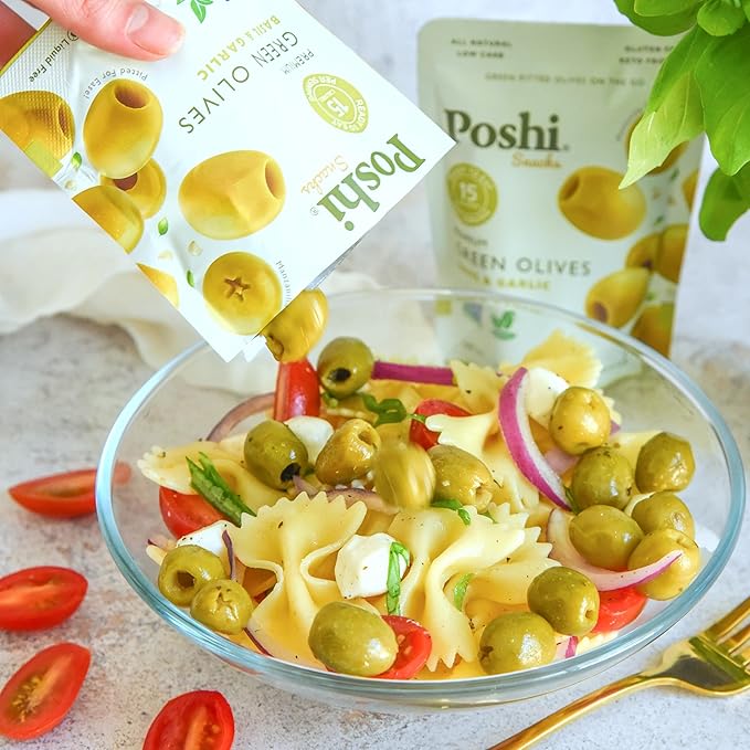 POSHI Green Pitted Olives - Basil & Garlic | Vegan, Kosher, Gluten Free + Keto Friendly, Fresh, Low Calorie Healthy Snacks | (30 Pack, 1.1oz Bags)